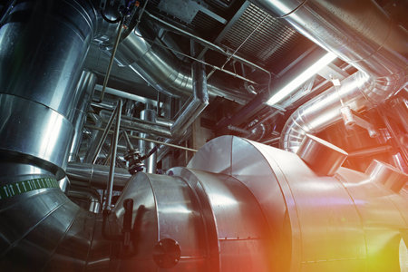 Industrial zone, Steel pipelines, valves, cables and walkways
