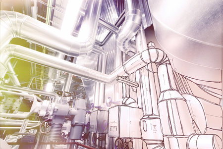 Equipment, cables and piping as found inside of a modern industrial power plantの写真素材