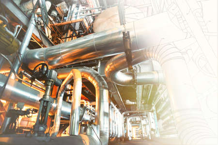 wireframe design of Equipment, cables and piping as found inside of a modern industrial power plantの写真素材