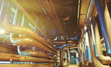 Equipment, cables and piping as found inside of a modern industrial power plant