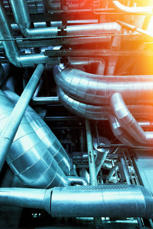 Industrial zone, Steel pipelines and equipment in blue tonesの写真素材