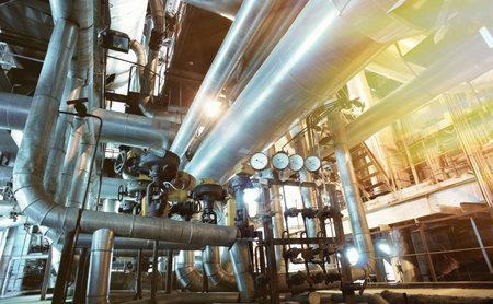 Equipment, cables and piping as found inside of a modern industrial power plant