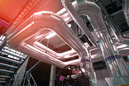 Industrial zone, Steel pipelines, valves, cables and walkwaysの写真素材