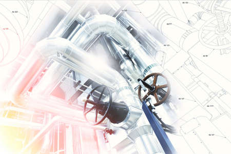 Sketch of piping design mixed with industrial equipment photoの写真素材