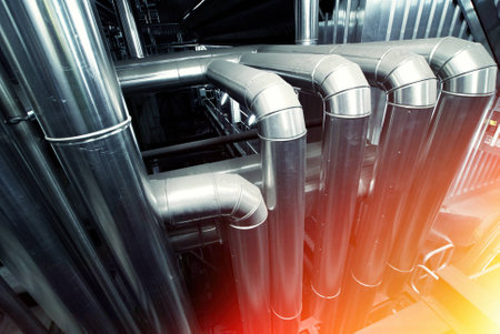 Industrial zone, Steel pipelines and cables in blue tones