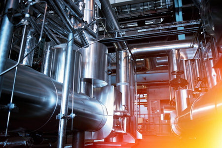 Industrial zone, Steel pipelines, valves, cables and walkways