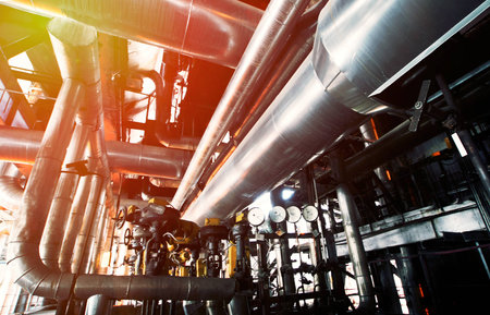 Industrial zone, Steel pipelines and equipment in blue tones