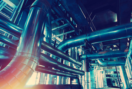 Industrial zone, Steel pipelines, valves, cables and walkways