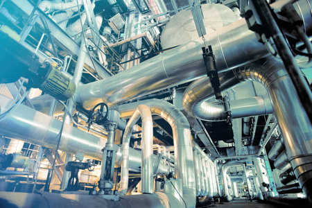 Equipment, cables and piping as found inside of a modern industrial power plant