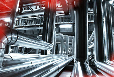 Industrial zone, Steel pipelines and cables in blue tones