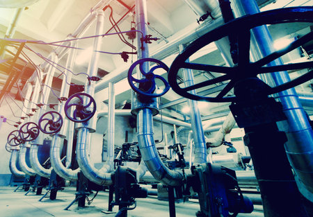 Industrial zone, Steel pipelines in blue tonesの写真素材