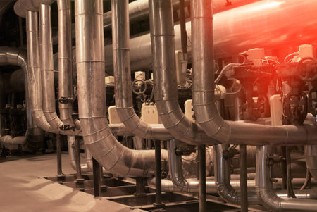 Industrial zone, Steel pipelines, valves, cables and walkwaysの写真素材