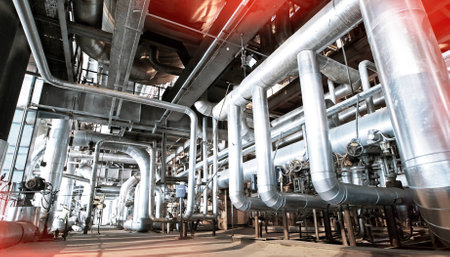 Industrial zone, Steel pipelines and cables in blue tones