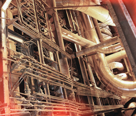 Equipment, cables and piping as found inside of a modern industrial power plant