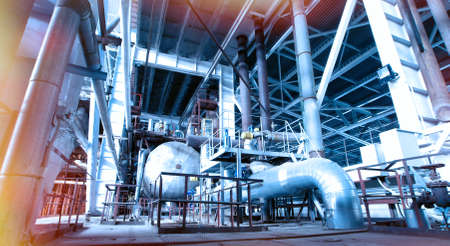 Industrial zone, Steel pipelines and cables in blue tones