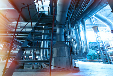 Industrial zone, Steel pipelines and cables in blue tonesの写真素材