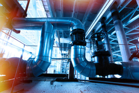 Industrial zone, Steel pipelines and cables in blue tones