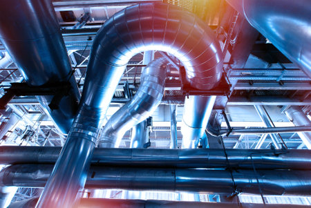 Industrial zone, Steel pipelines and cables in blue tonesの写真素材