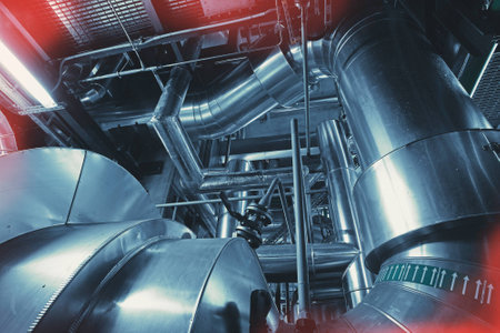 Equipment, cables and piping as found inside of a modern industrial power plantの写真素材