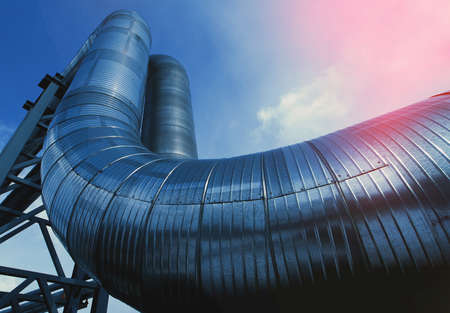 Industrial zone, Steel pipelines and equipment in blue tonesの写真素材