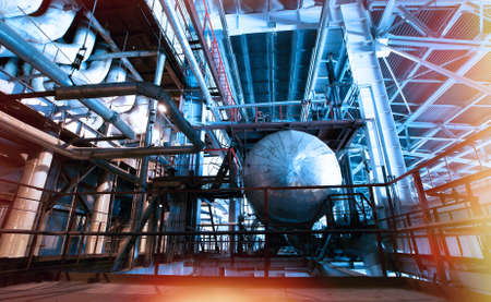 Industrial zone, Steel pipelines and cables in blue tonesの写真素材