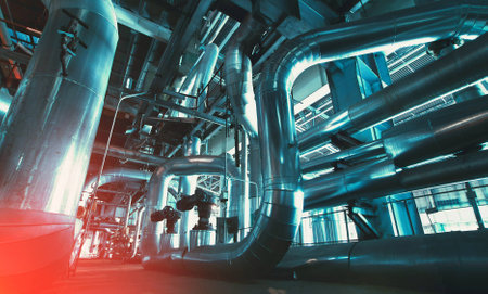 Industrial zone, Steel pipelines and cables in blue tonesの写真素材