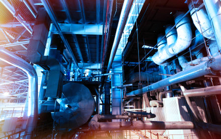Industrial zone, Steel pipelines and valves in blue tones