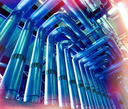 Equipment, cables and piping as found inside of a modern industrial power plantの写真素材