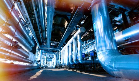 Industrial zone, Steel pipelines and cables in blue tones