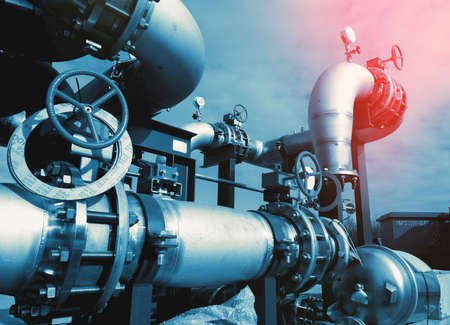 Industrial zone, Steel pipelines and cables in blue tonesの写真素材