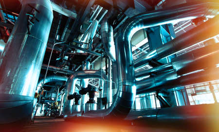 Industrial zone, Steel pipelines and cables in blue tones