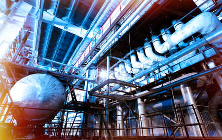 Industrial zone, Steel pipelines and equipment in blue tones