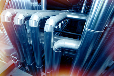 Industrial zone, Steel pipelines and cables in blue tones