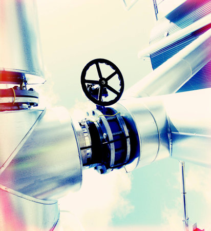 Industrial zone, Steel pipelines in blue tonesの写真素材