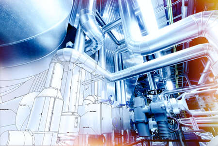 Sketch of Equipment, cables and piping as found inside of a modern industrial power plantの写真素材