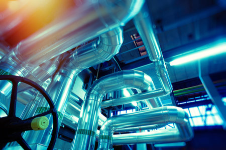 Industrial zone, Steel pipelines, valves, cables and walkwaysの写真素材