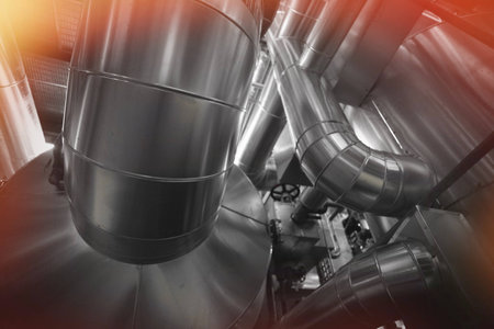 Industrial zone, Steel pipelines, valves, cables and walkways