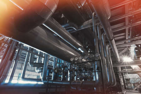 Industrial zone, Steel pipelines, valves, cables and walkwaysの写真素材