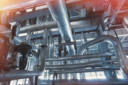 Industrial zone, Steel pipelines, valves, cables and walkways