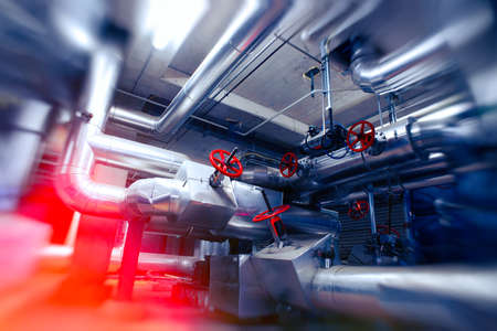 Industrial zone, Steel pipelines, valves, cables and walkwaysの写真素材