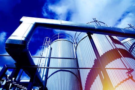 Industrial zone, Steel pipelines and valves in blue tones