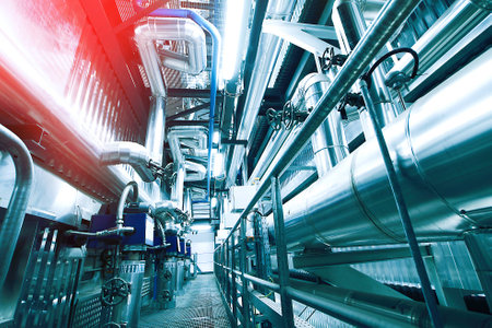 Equipment, cables and piping as found inside of a modern industrial power plant
