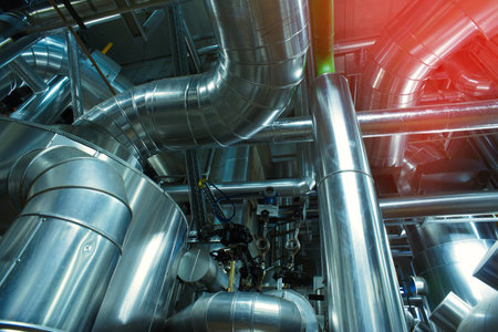 Industrial zone, Steel pipelines, valves, cables and walkways