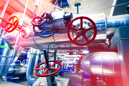 Industrial zone, Steel pipelines, valves, cables and walkways