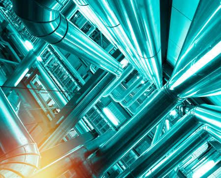 Industrial zone, Steel pipelines and cables in blue tones