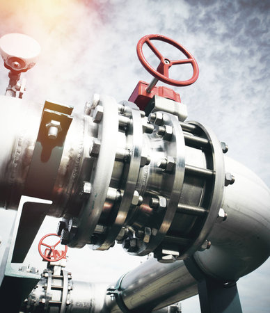 Industrial zone, Steel pipelines and valves against blue sky