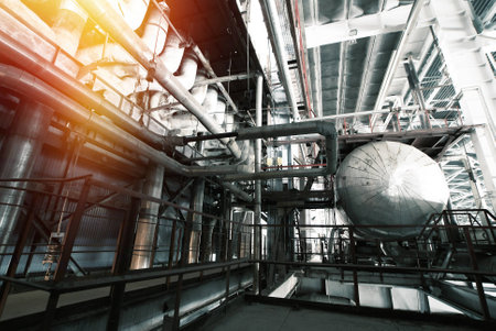 Equipment, cables and piping as found inside of a modern industrial power plant