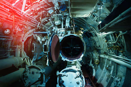 Detailed view of valves and pipes in old submarineの写真素材