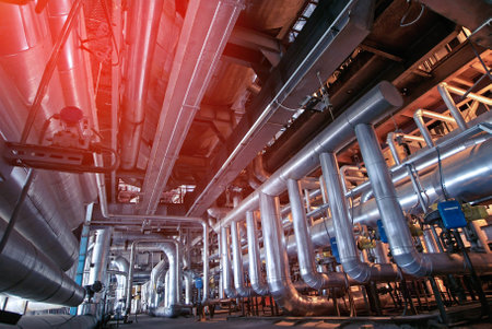 Equipment, cables and piping as found inside of a modern industrial power plantのeditorial素材