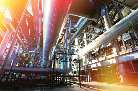 Industrial zone, Steel pipelines and equipment in blue tones